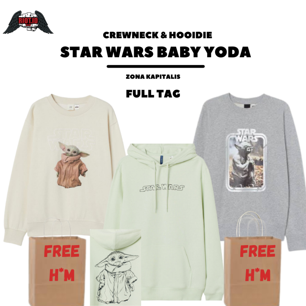 (3.3) Hoodie Crewneck HM Starwars Baby Yoda Green Mint Cream Grey FREE PAPER BAG FULL TAG Jaket Swea