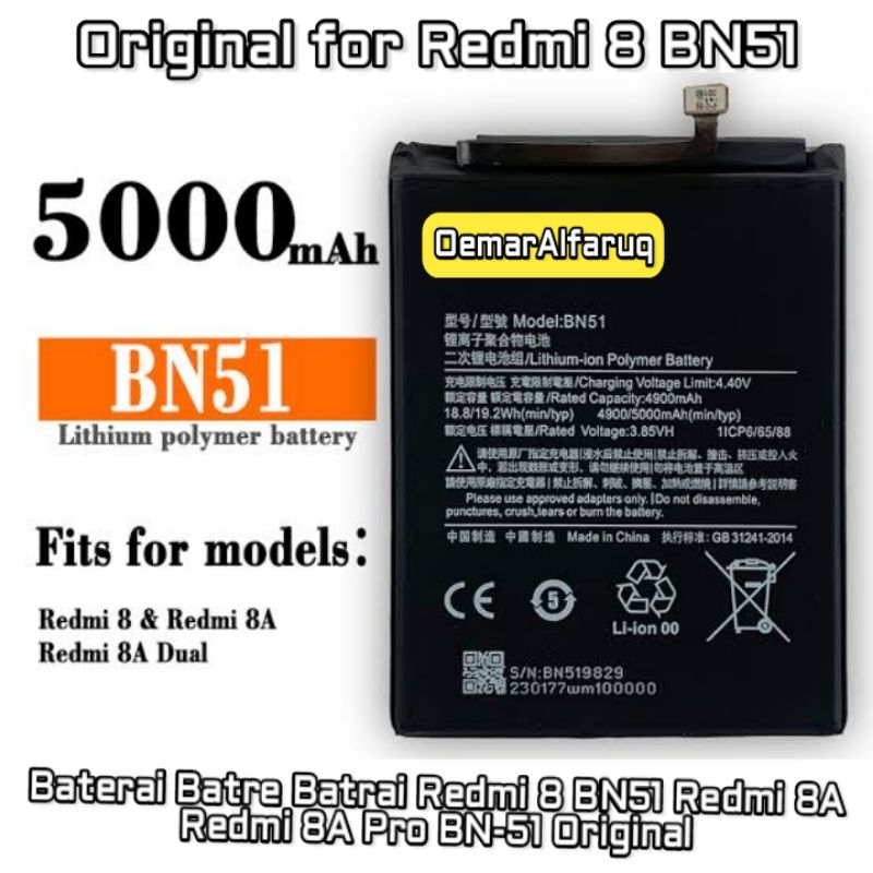 Baterai Batre Batrai Redmi 8 BN51 Redmi 8A Redmi 8A Pro BN-51 Original