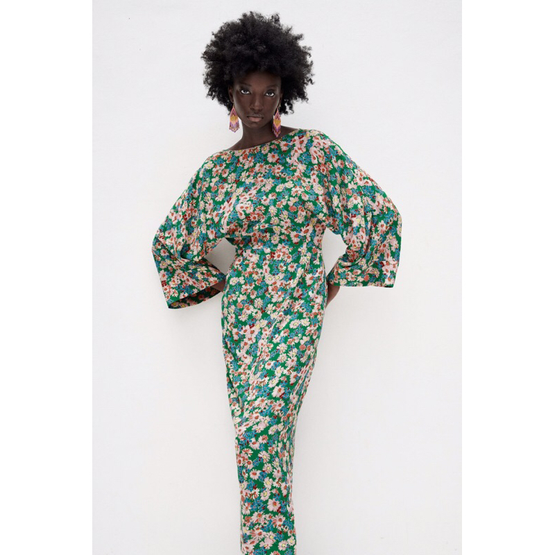 PRELOVED ZARA DRESS HIJAU FLORAL MAXI DRES B NECK