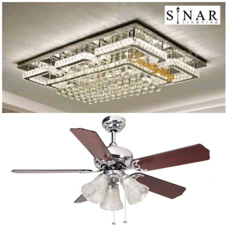 Paket lampu hias plafon kristal 70004 dan ceiling fan miramar 42