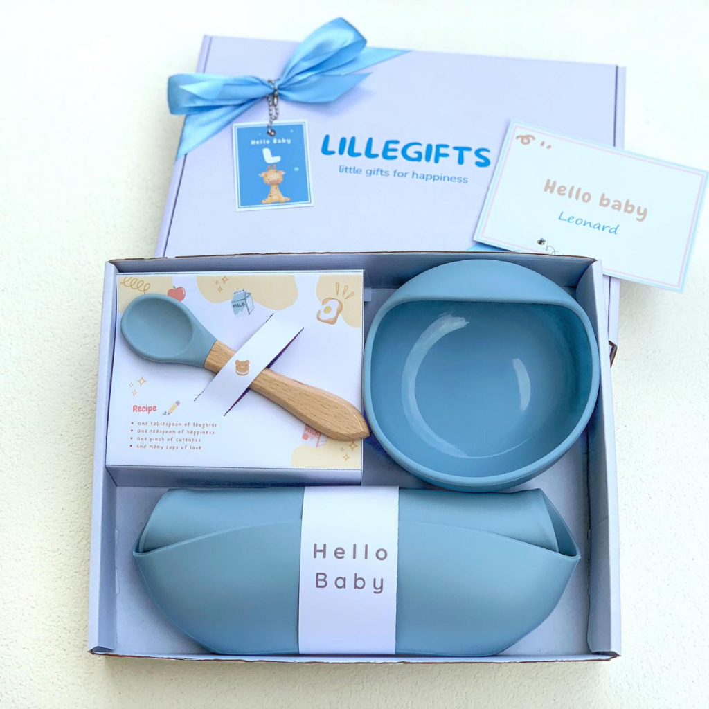 Hampers Bayi Feeding Set Silicone Baby / Hampers Alat Makan Silikon Bayi / Sendok Piring Mangkok Bib Celemek Silikon / Paket MPASI / New Born Hampers /Kado Lahiran Bayi Girl Boy Perempuan Laki Laki Cewek Cowok New born Gift Set Premium Eksklusif