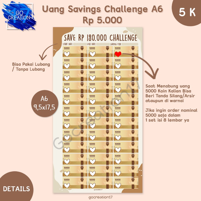 

KERTAS ISI BINDER A6 SAVING CHALLENGE MOTIF UANG 5k || 1 pcs/lembar