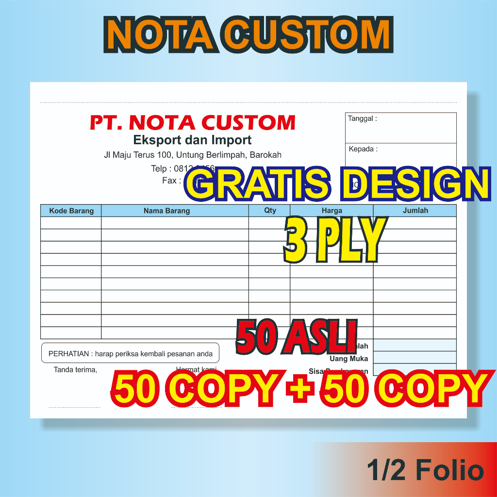 Nota Custom 1/2 Folio 3 PLY Cetak Custom Nota Toko Online Warung Kantor Cafe Laundry