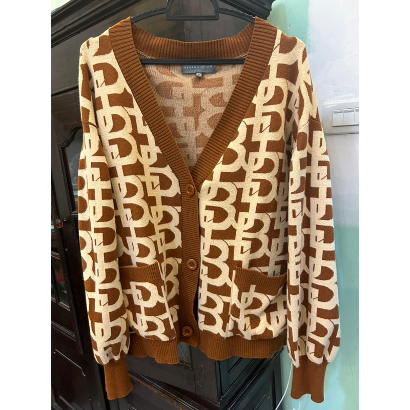 Monogram puffy sleeve cardigan Benang jarum