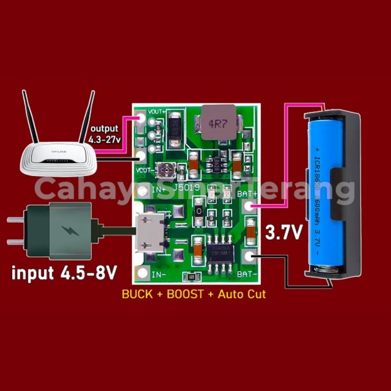 Modul TP4056 + Adjustable STEP UP 2A tegangan 4.3-27VDC Charger Baterai Lithium 18650 3.7V 9V 5V 2A 