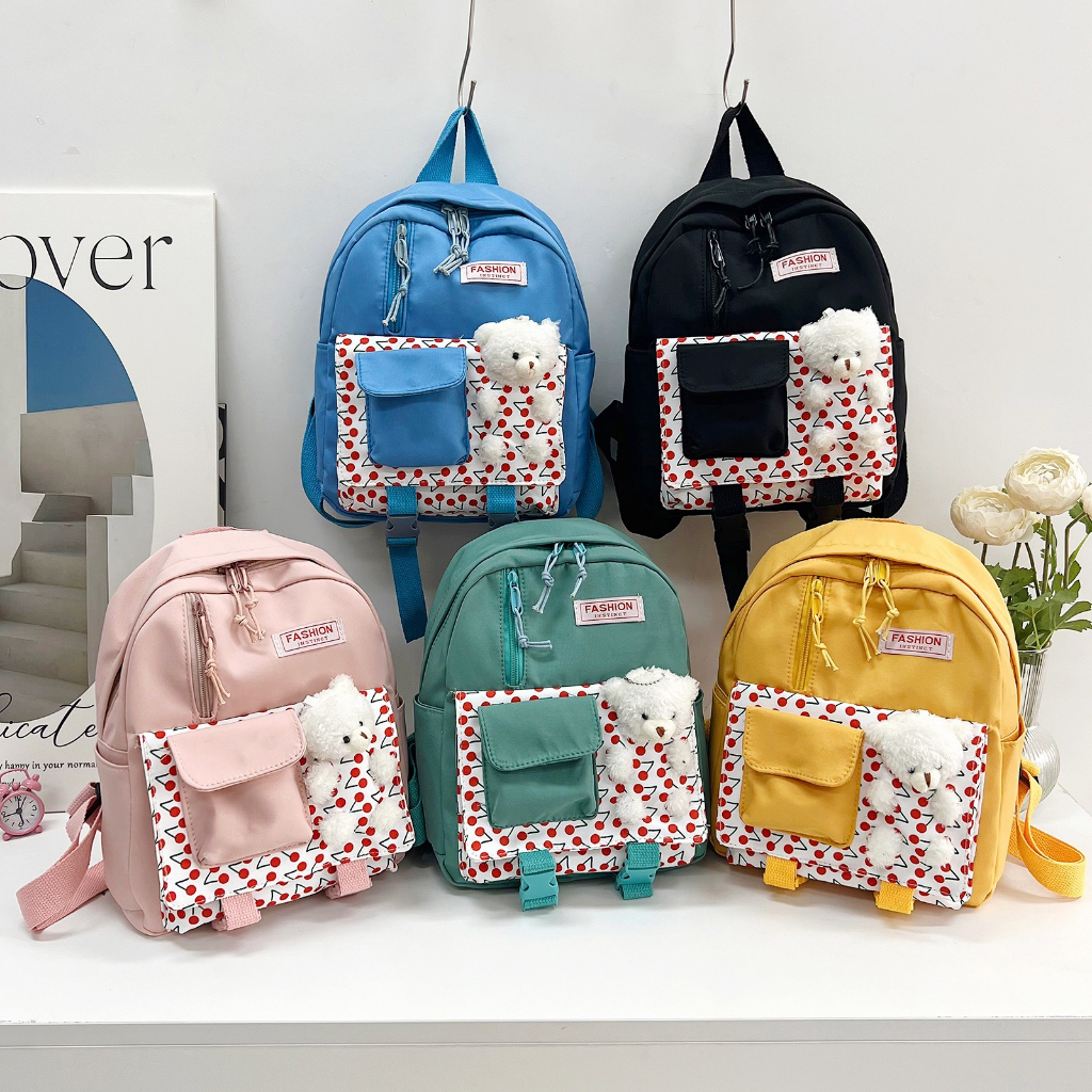 Tas Ransel Anak Remaja Wanita Lucu TK SD Trendy Terbaru 2023 Import Sekolah Fashion Casual Model Korea Boneka Beruang Putih