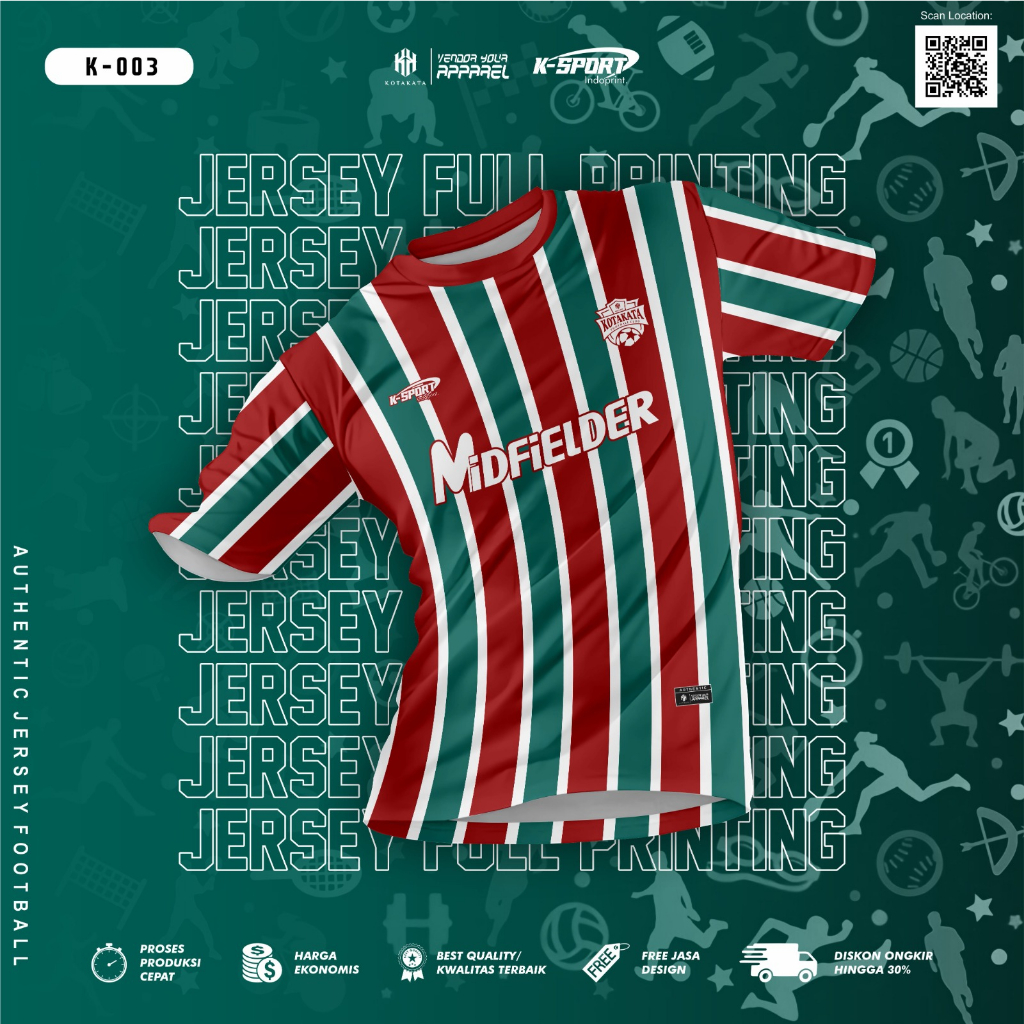 Jersey Kaos Olahraga Sepak Bola Merah Hijau Garis-Garis Full Printing