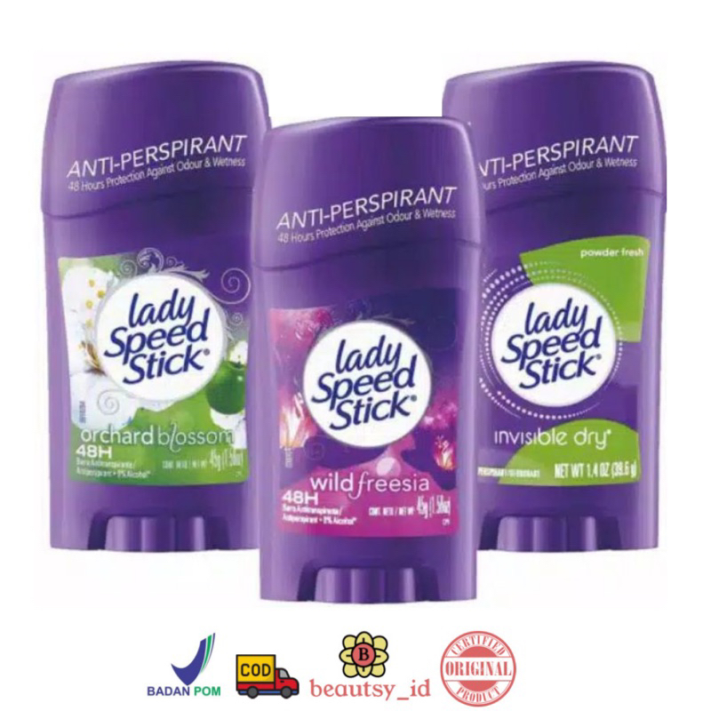 Lady Speed Stick Deodorant Anti Perspirant 48H 39.6 gr - Deodoran Invisible Dry Powder Fresh Wild Freesia Orchard Blossom Original BPOM COD