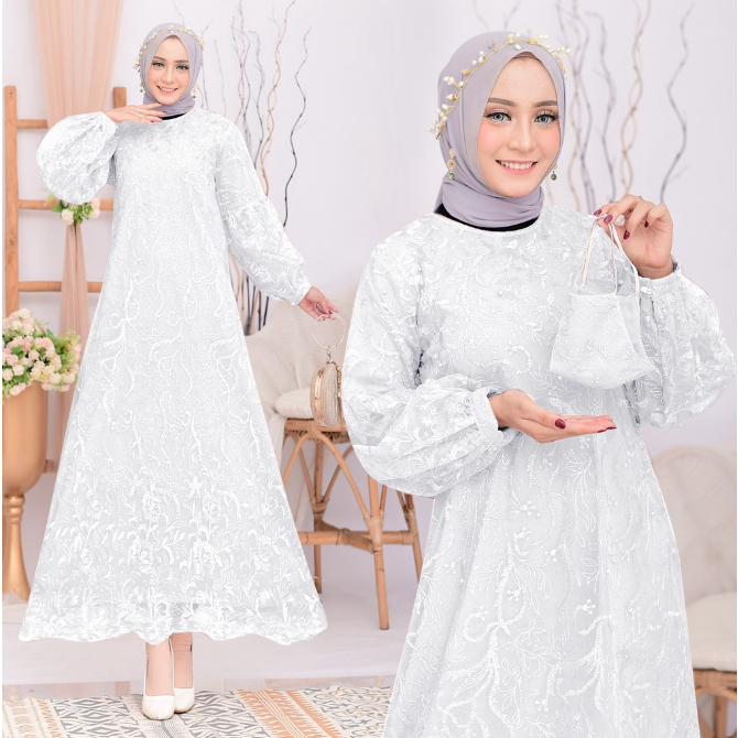 Harumi Full Brukat Tile Mutiara / Size S-M, L , XL, XXL / Gamis Pesta / Gamis Kondangan / Gamis Brok