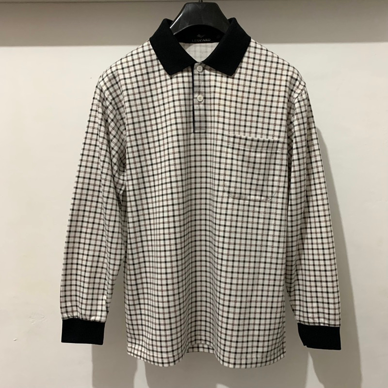 Leopard Plaid Long Sleeve Polo Shirt | Kemeja Rugby Polo Lengan Panjang Vintage Pria
