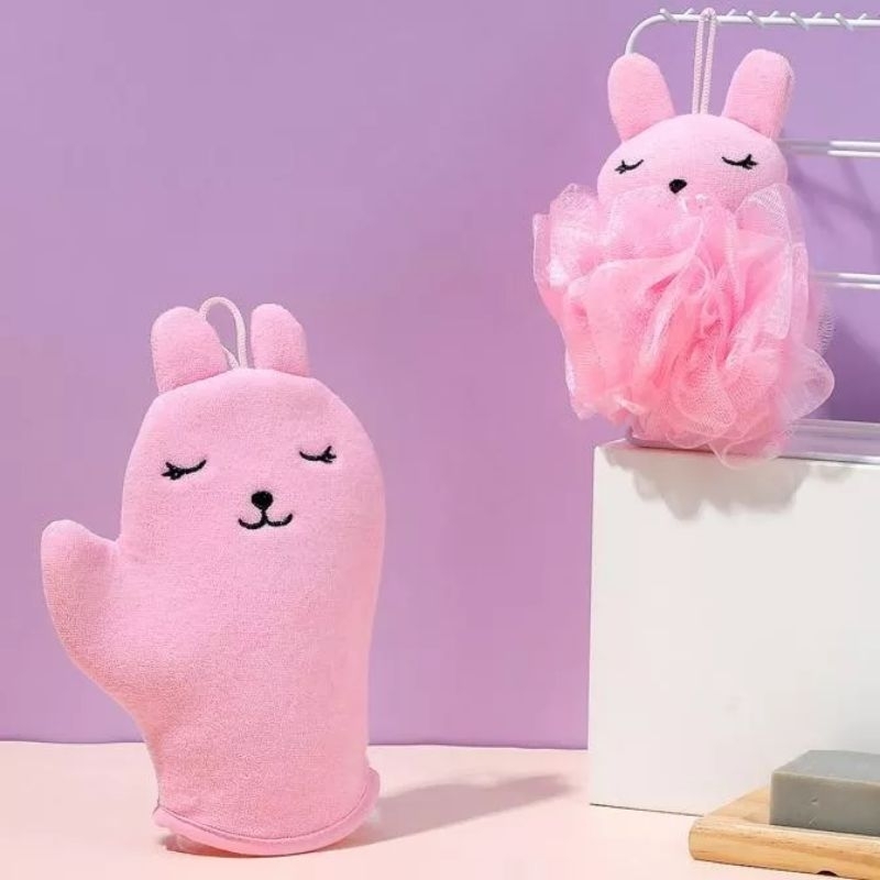 Miniso Pink Rabbit spons mandi dan sarung tangan mandi
