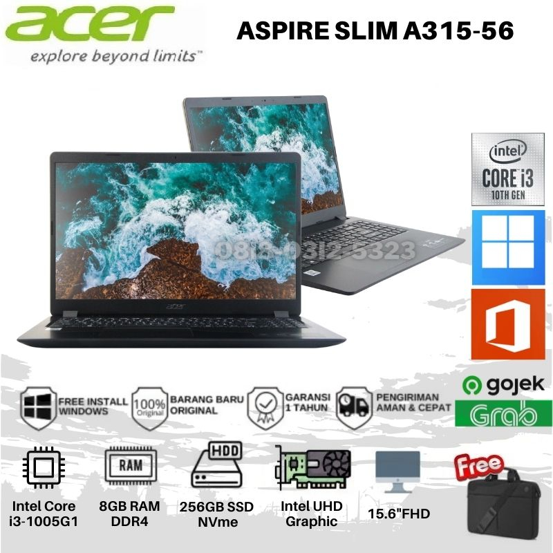 Acer Aspire Slim A315-56-35HB - Core i3-1005G1, RAM 8GB, 256GB SSD, 15.6" FULL HD, Intel UHD, Black