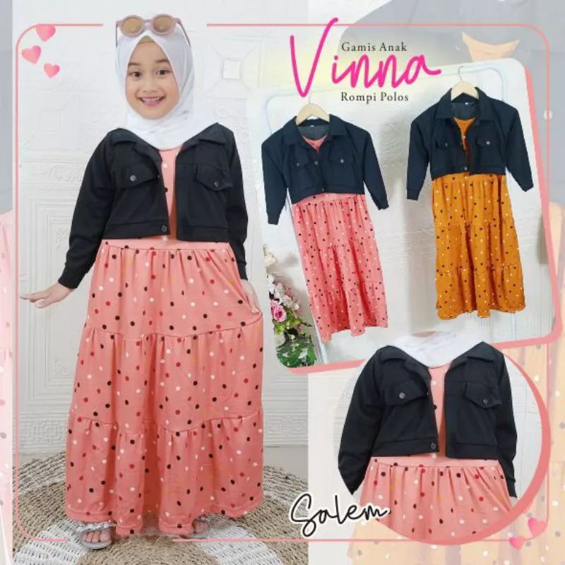 GAMIS MUSLIM ANAK PEREMPUAN / GAMIS ROMPI ANAK MOTIF POLKADOT SIZE S - XXL