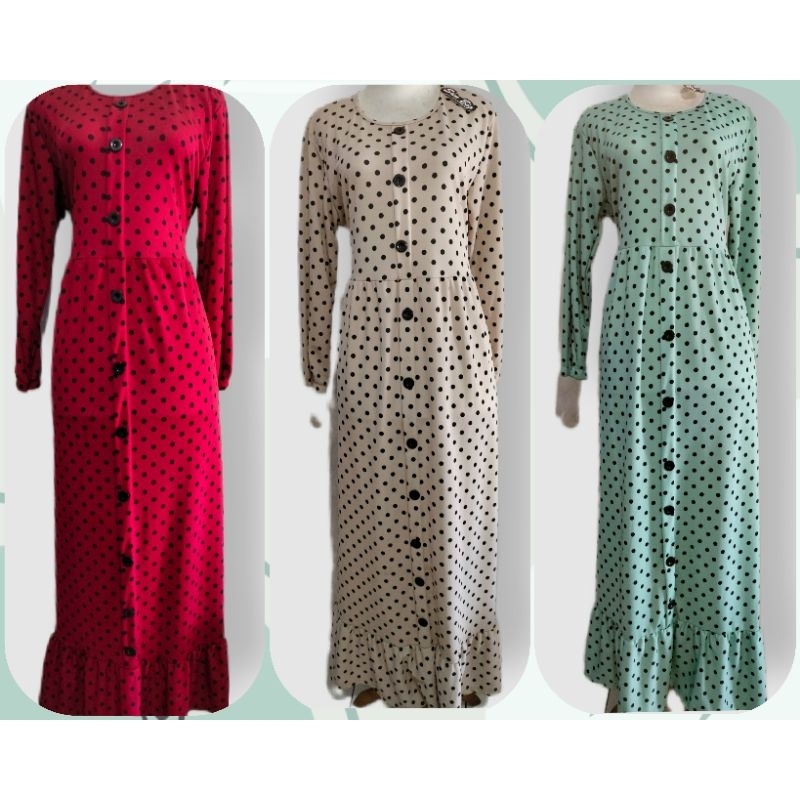 GAMIS POLKADOT/GAMIS KANCING/BAJU MUSLIM POLKADOT/DRESS LENGAN PANJANG KEKINIAN