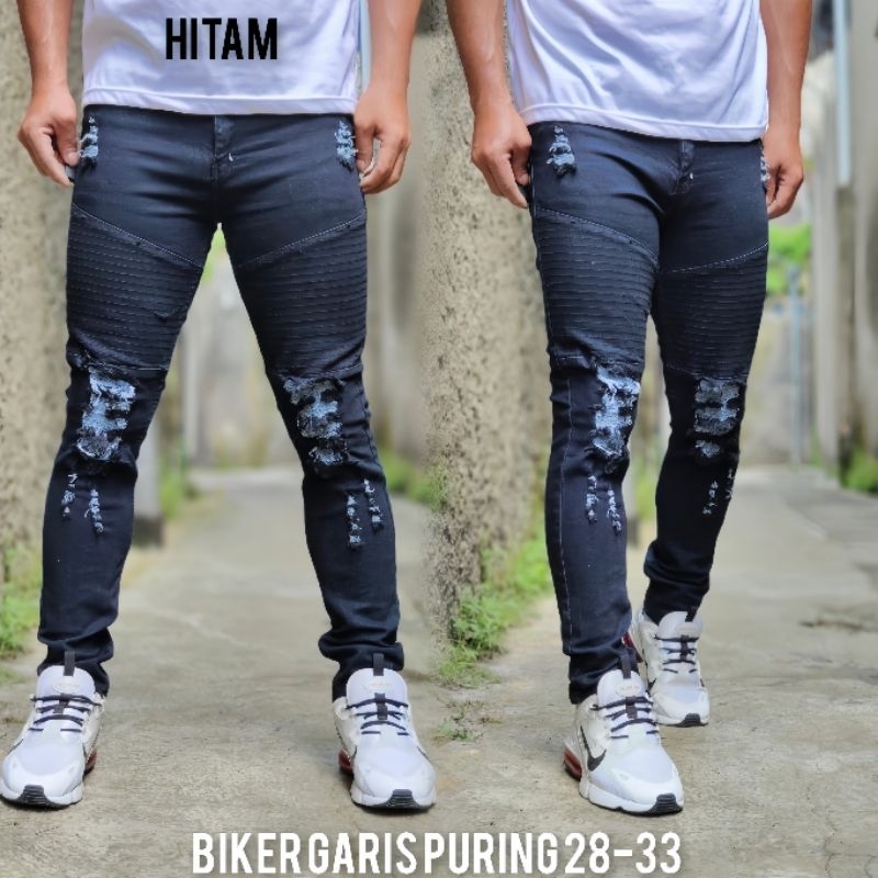 JEANS DENIM SKINNY PRIA BIKER SOBEK EXTREM - CELANA JEANS BIKER SKINNY DENIM SANDWASH