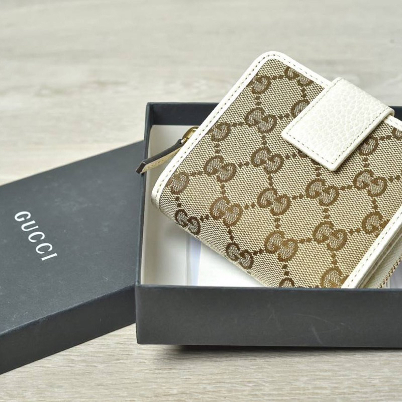 GUCCI GG CANVAS FRENCH WALLET IN EBONY/IVORY ZIP AROUND