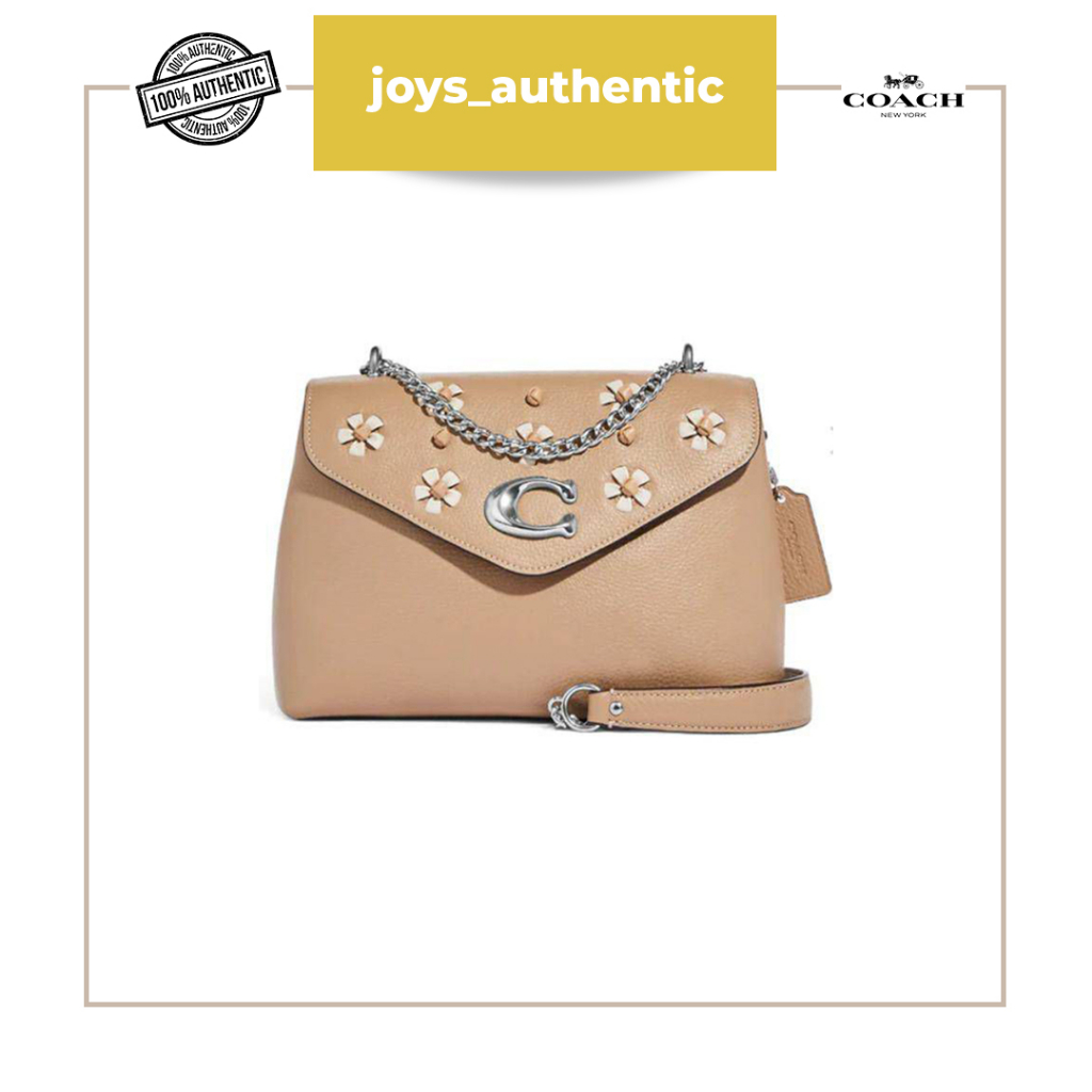 Tas wanita Coach Tammie Shoulder Bag With Floral Whipstitch Taupe Multi woman bag authentic original