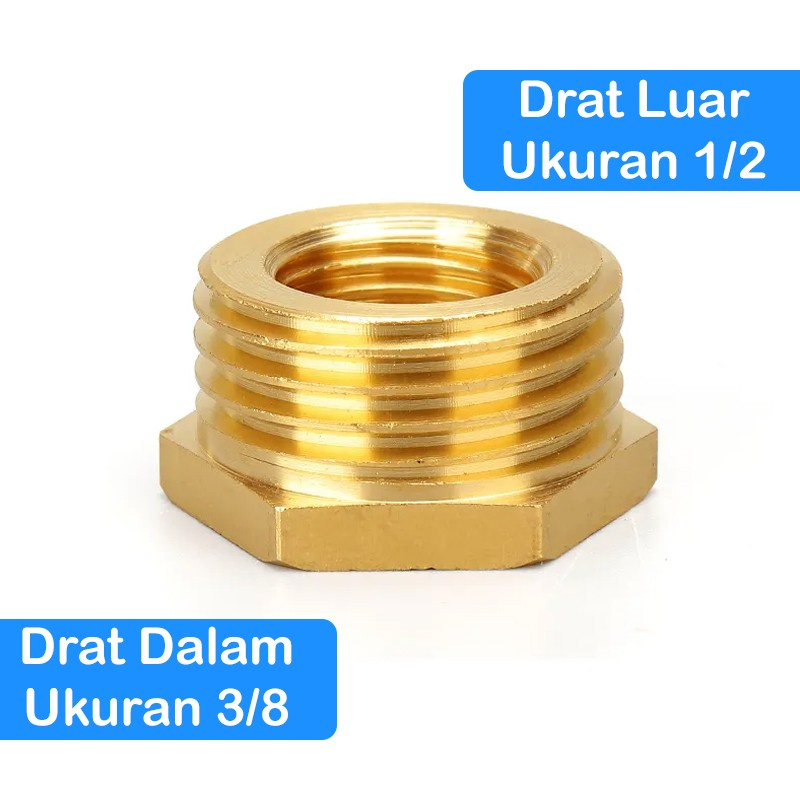 Vlok Sok reducer male 1/2 ke female 3/8 inch bahan kuningan drat luar drat dalam