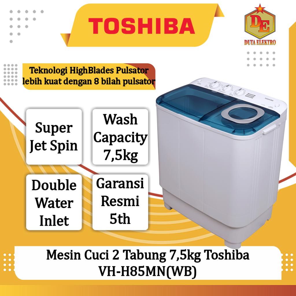 Mesin Cuci 2 Tabung 7,5kg Toshiba VH-H85MN(WB)