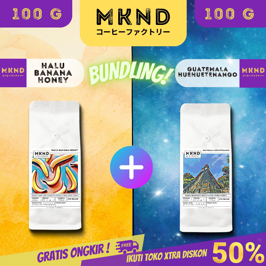 

MKND® BUNDLING HEMAT 2X100 KOPI ARABIKA HALU BANANA HONEY + KOPI ARABIKA GUATEMALA HUEHUETENANGO SPECIALTY PROMO