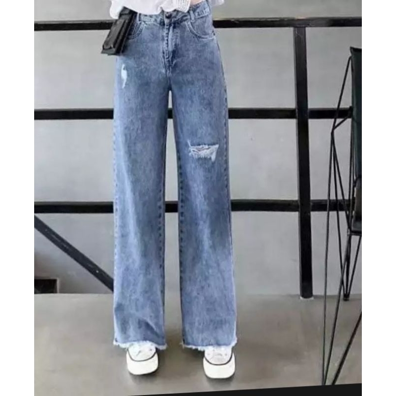 Celana Kulot Jeans Rawis Snow Blue  High waist Jeans Sobek
