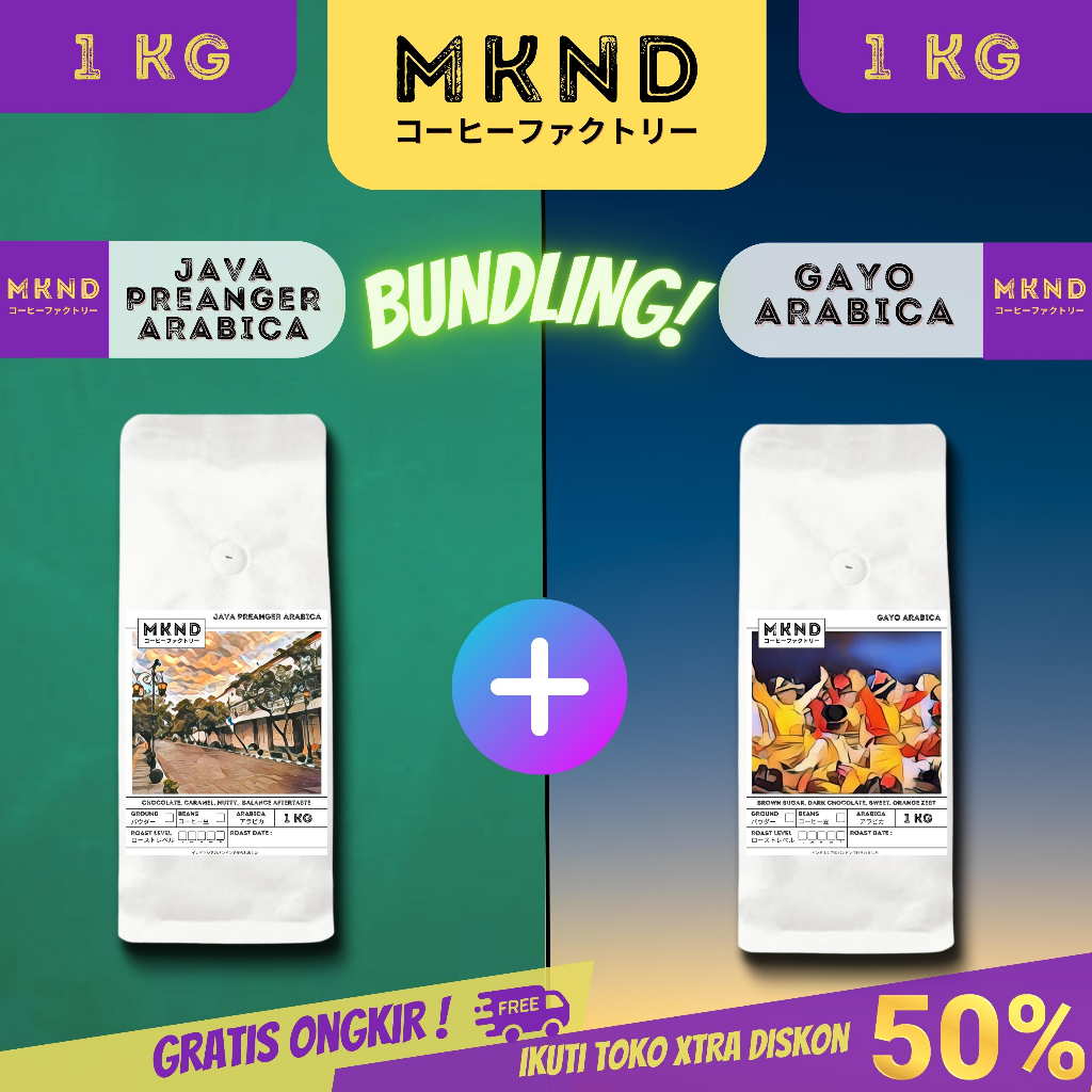 

MKND® HEMAT 2X1KG BUNDLING KOPI ARABIKA ACEH GAYO SINGLE ORIGIN GRADE 1 + JAVA PREANGER GRADE 1 PROMO DISCON | BIJI BUBUK | SINGLE ORIGIN | PREMIUM COFFE | ROASTED BEANS | MANUAL BREW | COFFE ROASTERY