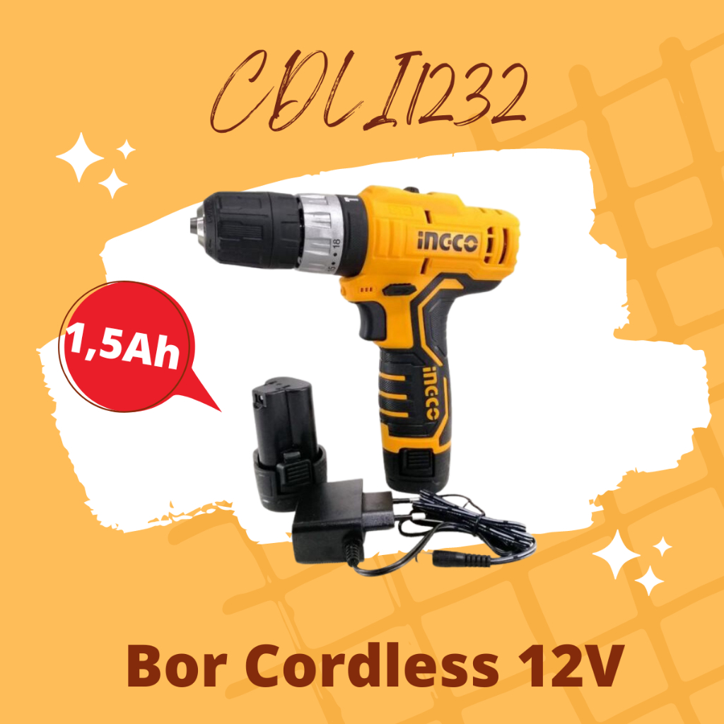 Mesin Bor Impact Cordless 12V INGCO CIDLI1232 Mesin Bor Baterai Bor Tangan INGCO CIDLI1232 SET 12V 2