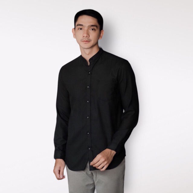 ALJOSA Kemeja Polos Pria Shanghai Hitam Lengan Panjang Kerah Koko Grandad Baju Slimfit