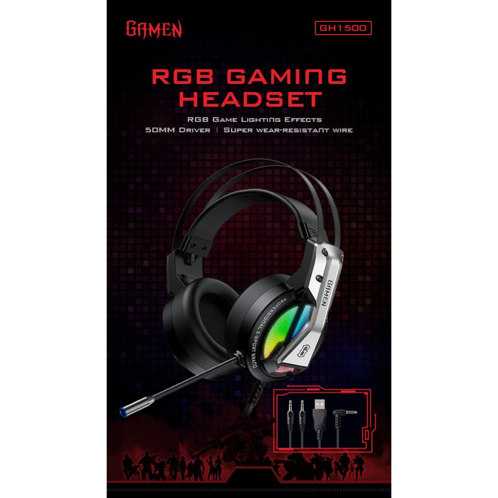 GAMEN Gaming Headset GH1600 Black GAMEN GH1500 3.5mm Audio Jack Input Noise cancellation RGB LED Lig