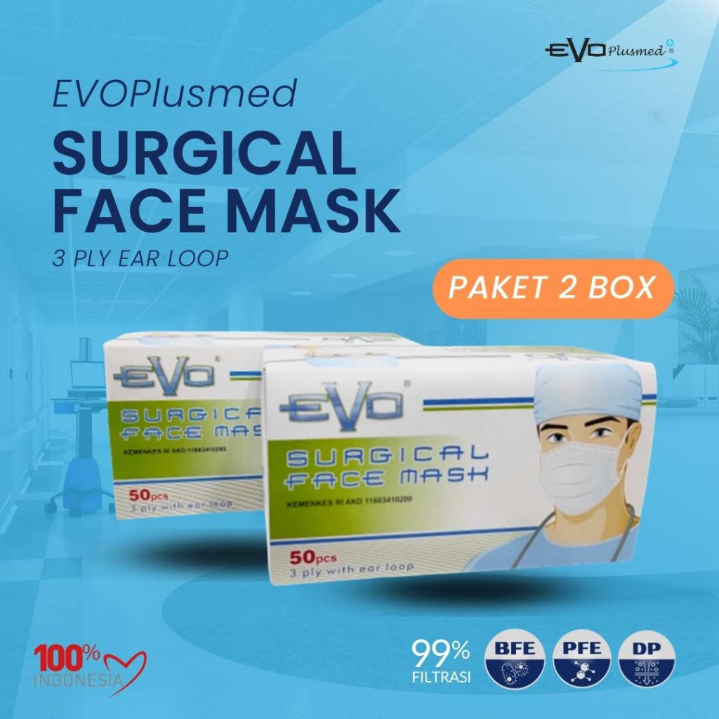 [Paket 2 Box] Masker Evo Surgical Face Mask 3ply Ear Loop berbagai pilihan warna