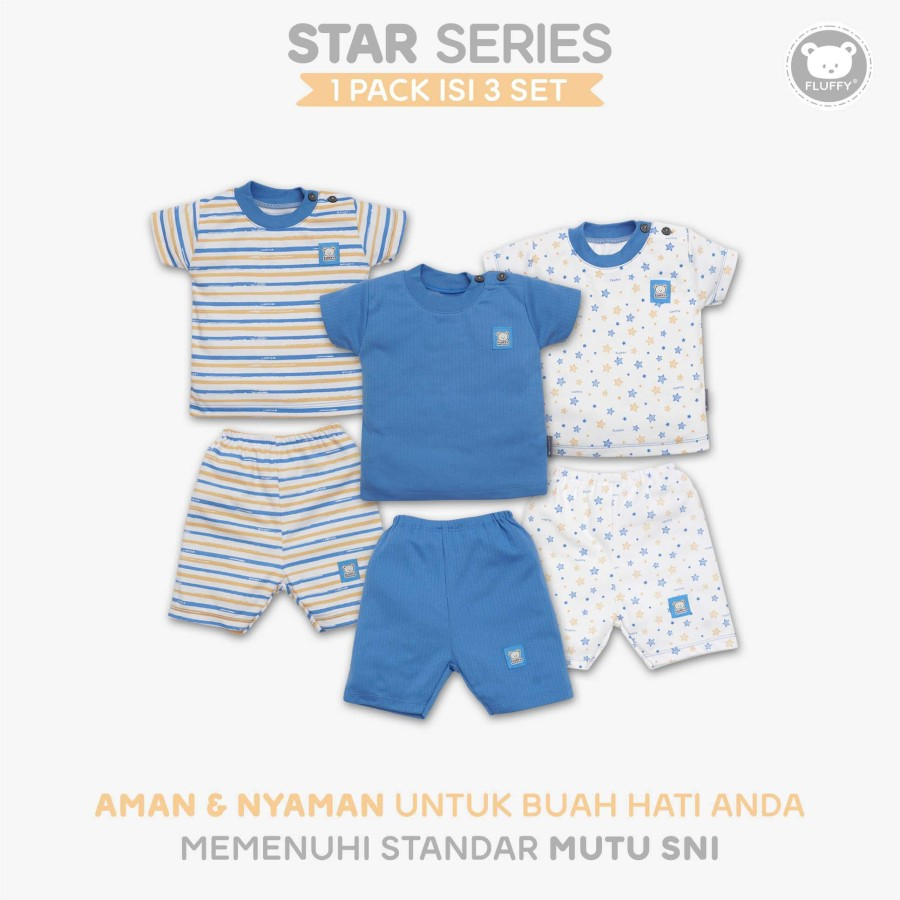 Fluffy Setelan Oblong Pendek + Celana Pendek Star 3pcs