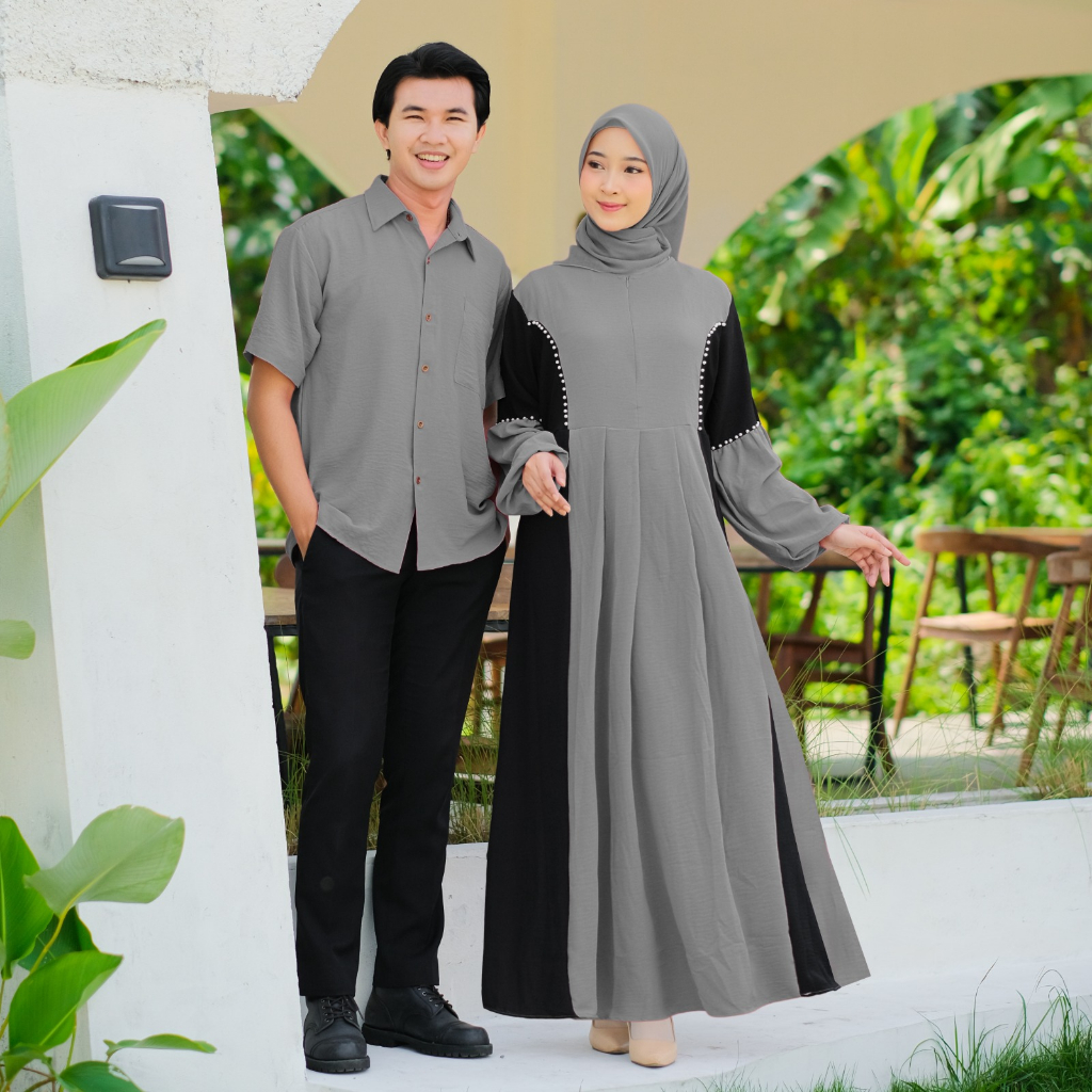 Demore Jelita Couple Gamis dan Koko Pendek Crinkle Airflow Polos Cp Pasangan Muslim Kondangan Mewah