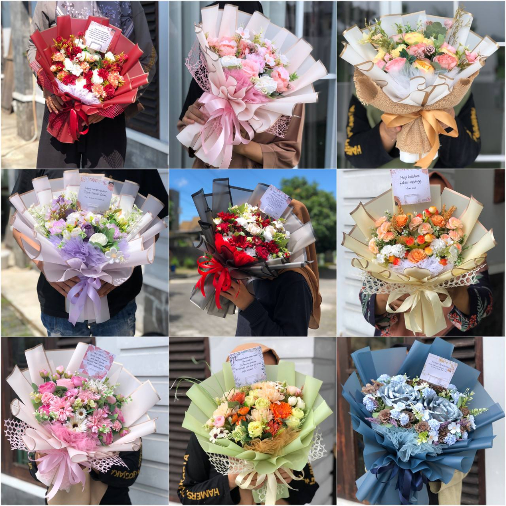 Buket Wisuda Bunga palsu Buket Bunga plastik Ukuran Besar Warna Lilac Gratis Kartu ucapan Wisuda / U