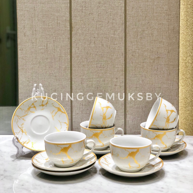 6pcs Cangkir Lepek Keramik Marble dan polos merek Formia