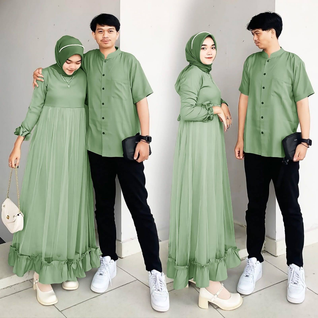 ALMIRAH 12 - Couple Marhaban Bahan Shakila Full Lapis Tile Maxi Sleting Belakang Ada Tali Ikat Nempel Kiri Kanan + Kemeja Ada Saku