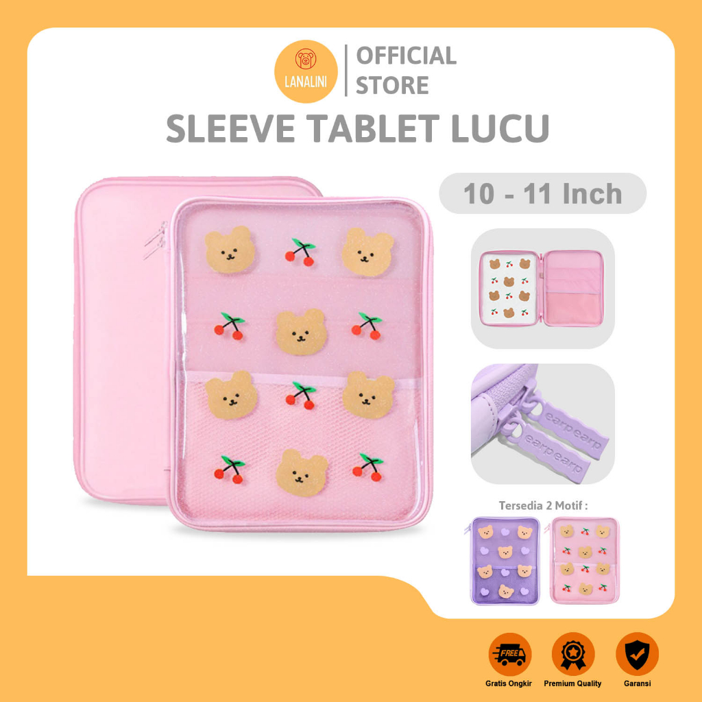 Sleeve Pouch iPad 5 6 7 8 9 AIR 1 2 Mini Slot Organizer Tas Tab Apple Sarung Tablet Huawei MatePad T10 T8 10.1 10.4 11 12 13 inch Kantong Case Cover Bag Casing Pelindung Kids Anak Cewek Motif Kartun Beruang Warna Pink Ungu Waterproof