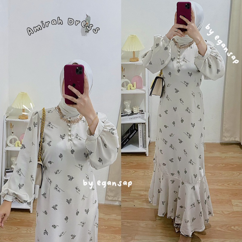 Amirah Dress 2 | Premium Korean Vintage Dress Duyung Bunga Lengan Balon Slimfit Maxi Shakila