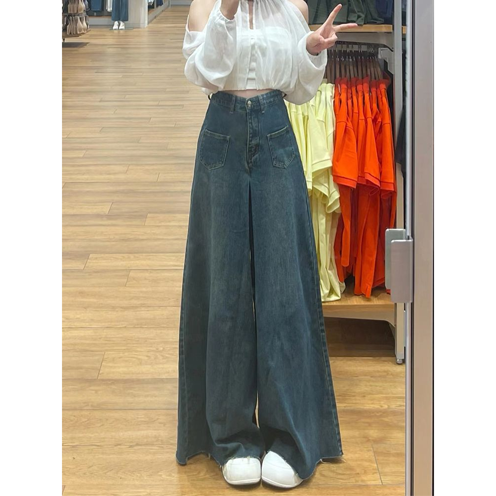 Biru Retro high waist terbaru kekinian celana jeans kulot panjang wanita