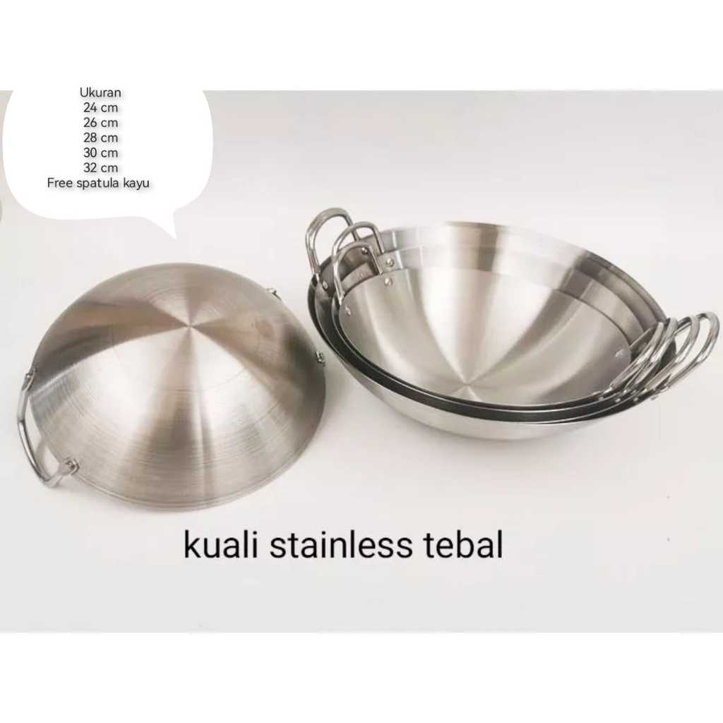 Wajan penggorengan kuali stainless tebal shinko anti lengket anti gosong free spatula kayu 24,26,28,30,32 CM