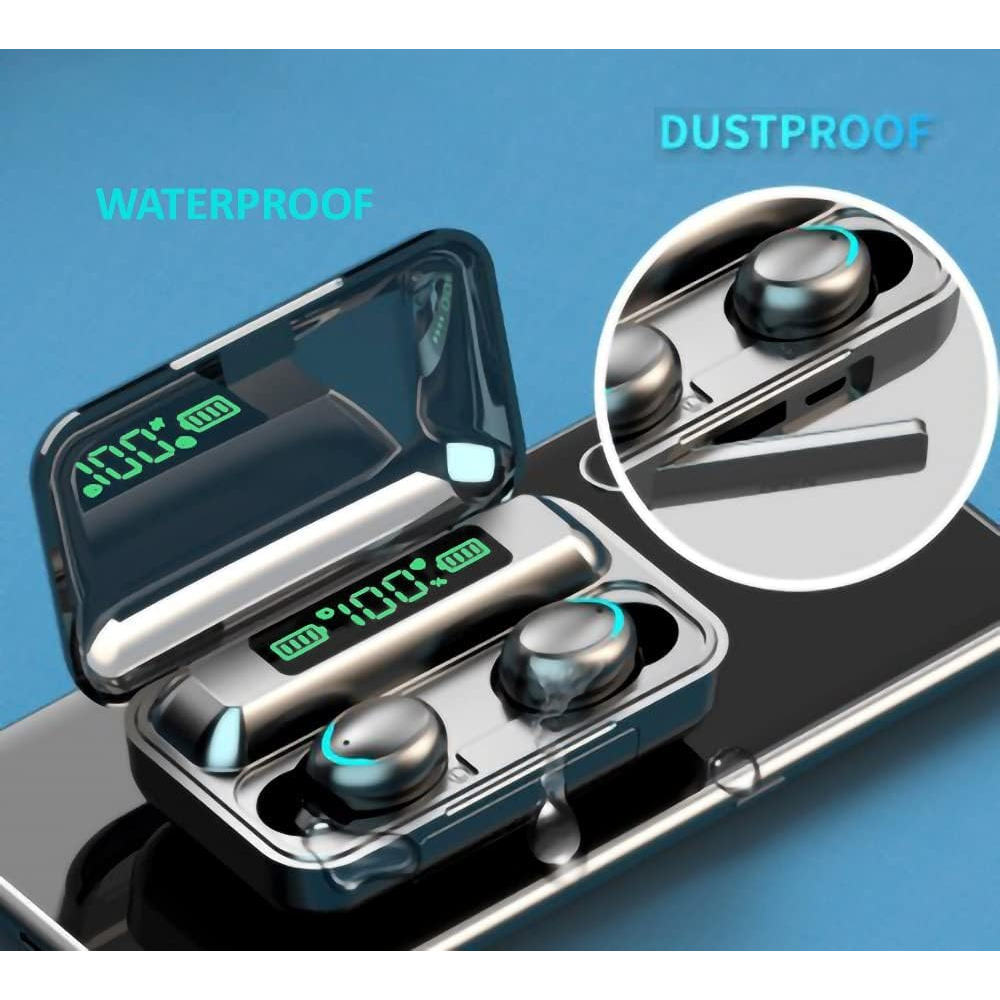Headset Bluetooth TWS F9 With Powerbank 3000Mah Wireless Earphone Bass Stereo In-Ear Handsfree Earbuds 2in1 Earphones LED Smart Display With Microphone