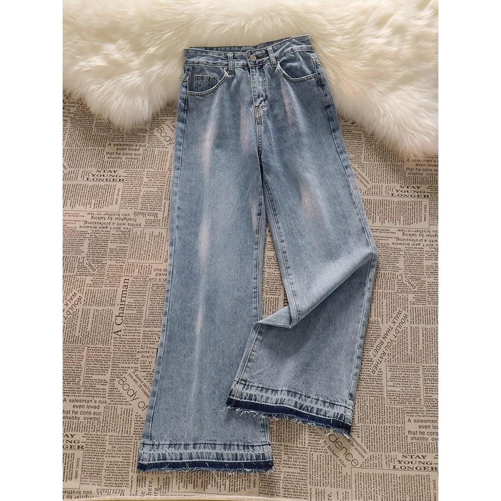 Biru muda Rawis Denim Highwaist Loose Celana Jeans Wanita korea