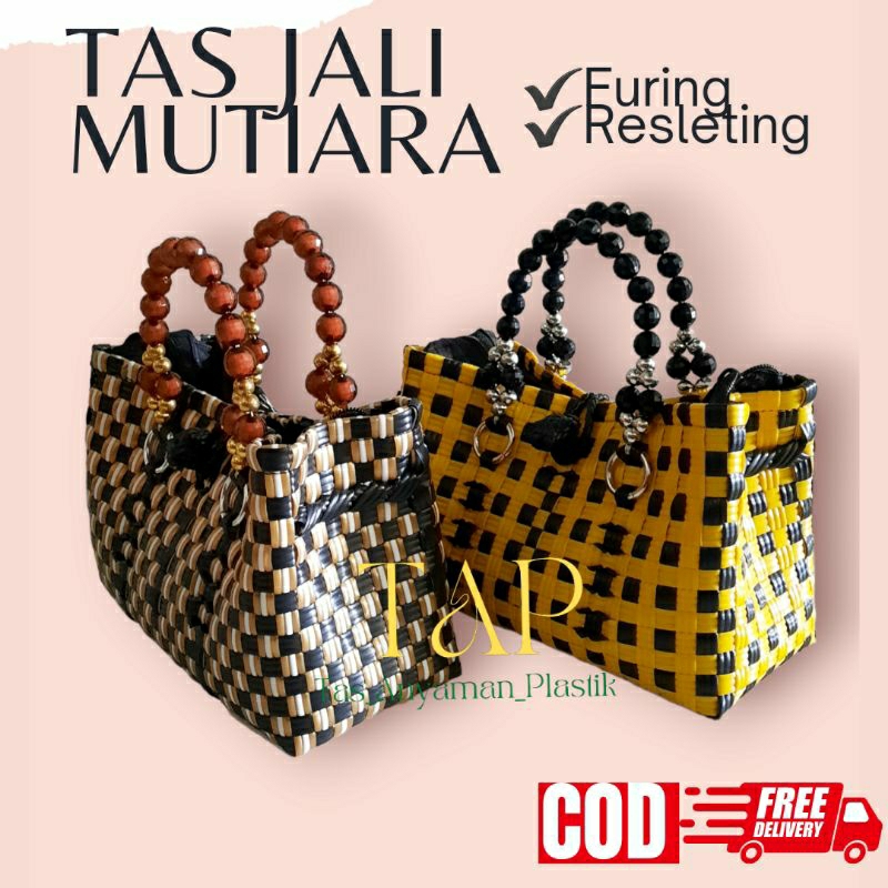 Tas Anyaman Anyam Handle Mutiara Resleting dan Furing