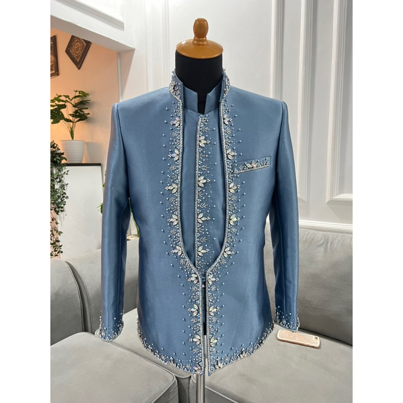 Beskap Pengantin Semi Wool model cowak batu sipit