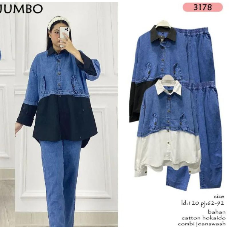 3178 Set Kemeja Jumbo Jeans Kombinasi