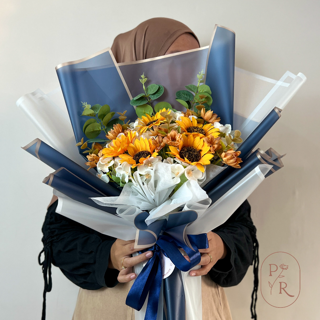 PAPERUSH.ID [JRA02] Buket Bunga Sun Flower Artificial Navy Kuning / Kado Hadiah Wisuda Lamaran Ulang Tahun Sun Flower