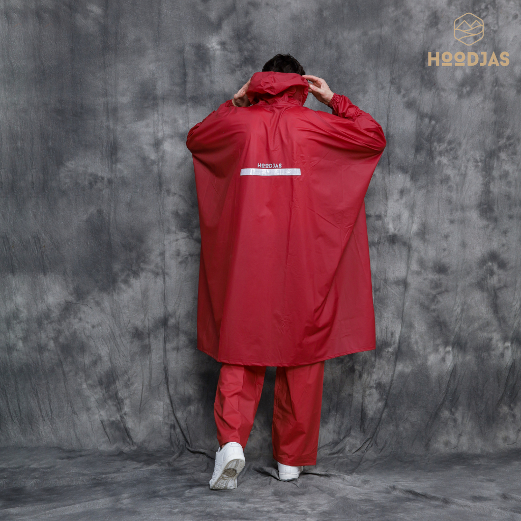 HOODJAS RAINCOAT JAS HUJAN PONCO LENGAN KELELAWAR DEWASA PRIA WANITA BAHAN PVC ANTI REMBES WARNA MERAH