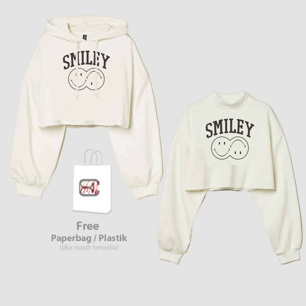 Crop Sweater H&amp;M SMILEY Broken White Hoodie Crop Wanita Soft Cream