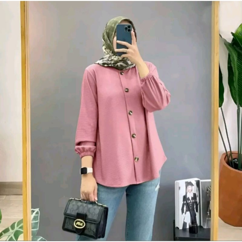 Vallina outfit-Devanca shirt Atasan Kemeja Blouse Kantoran Wanita Muslim bahan Cringkle harga grosir