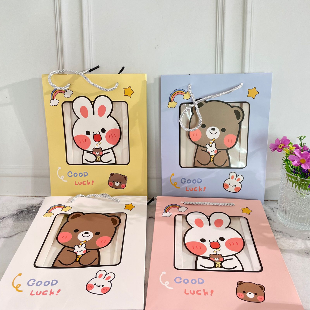 Paper bag Teddy Bear &amp; Rabbit Cute Lucu ukuran 22x15x7 CM Harga Murah / Paperbag Kantong Hampers Bag Tali motif Beruang dan Bunny IMUT bisa Grosir dan COD Best Quality