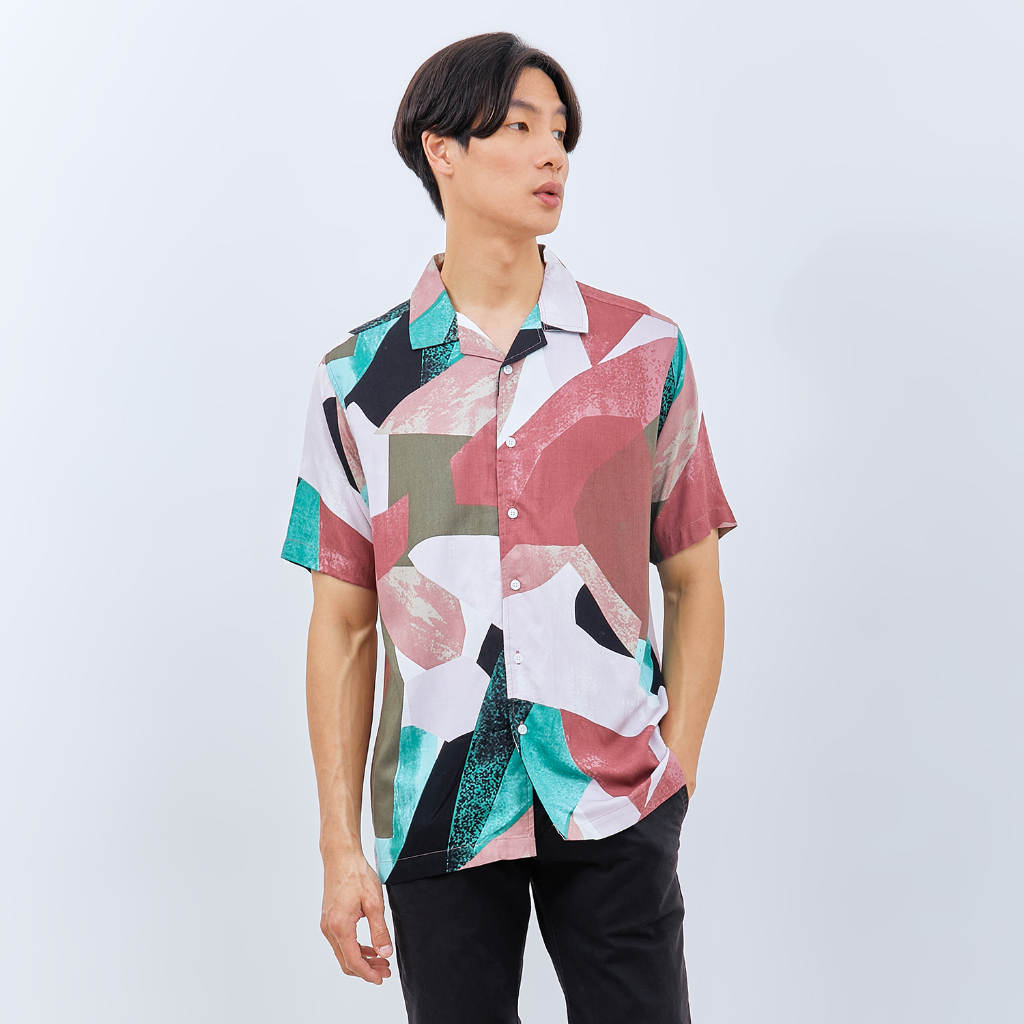 M231 Kemeja Pria Printing Hawaii Pendek Maroon 3081A